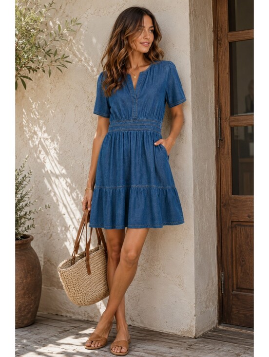 Simplee Apparel Dresses & Skirts - Simplee Blue Lyocell Blend Mini Dress M Tiered Pockets Boho Prairie